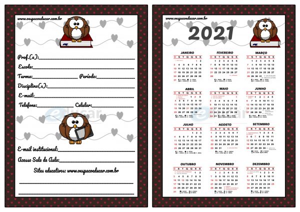 Professoras: arquivo “Meus dados” e Calendário 2021 tema Corujas