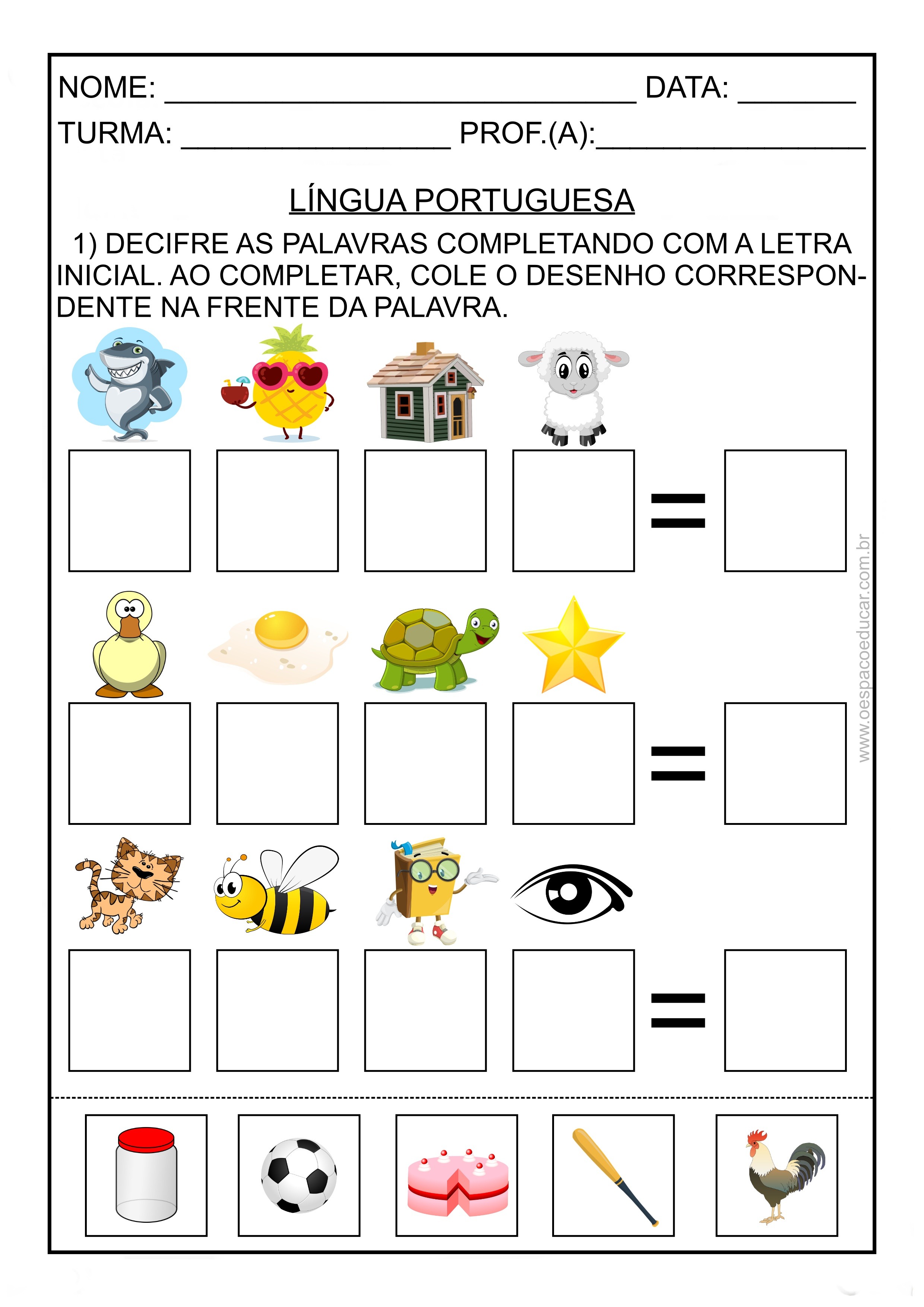 Atividade de completar as palavras com a letra E.