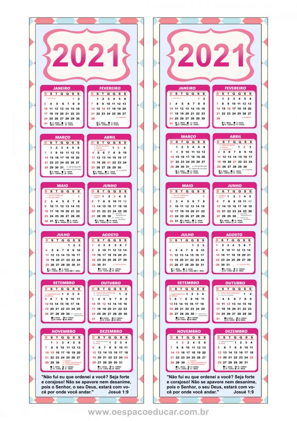 Calendários 2021 modelo marca páginas para imprimir!