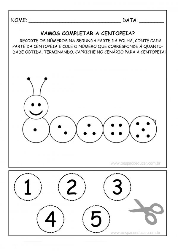 Educação Infantil: atividade “centopeia dos números” (1 a 5)!
