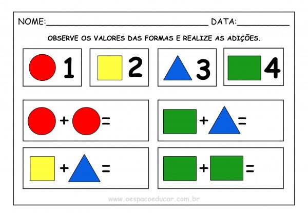 Educação Infantil: adições e subtrações com formas (1 a 4)!