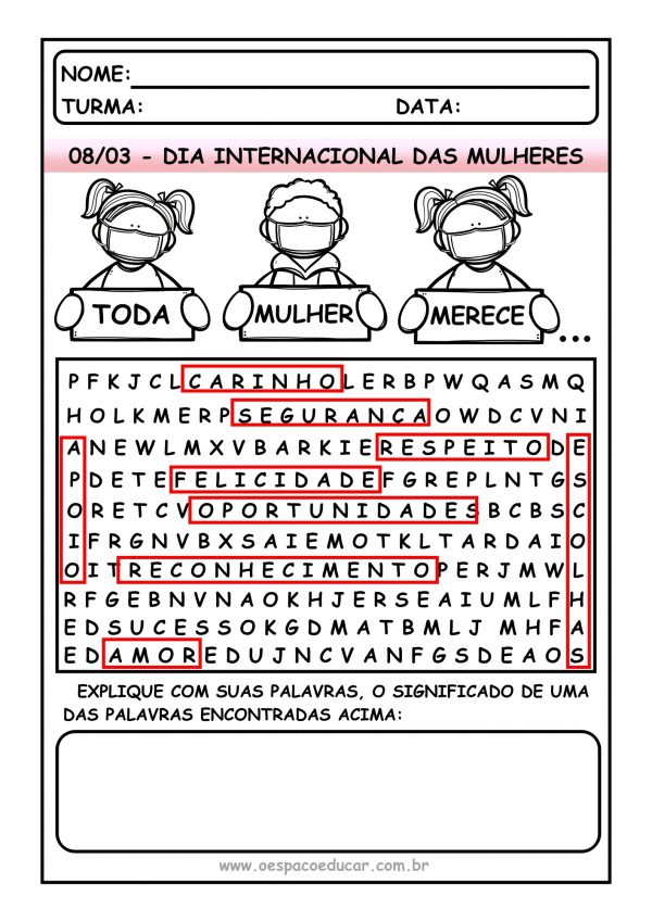 Dia das mulheres: caça palavras “Toda mulher merece…”