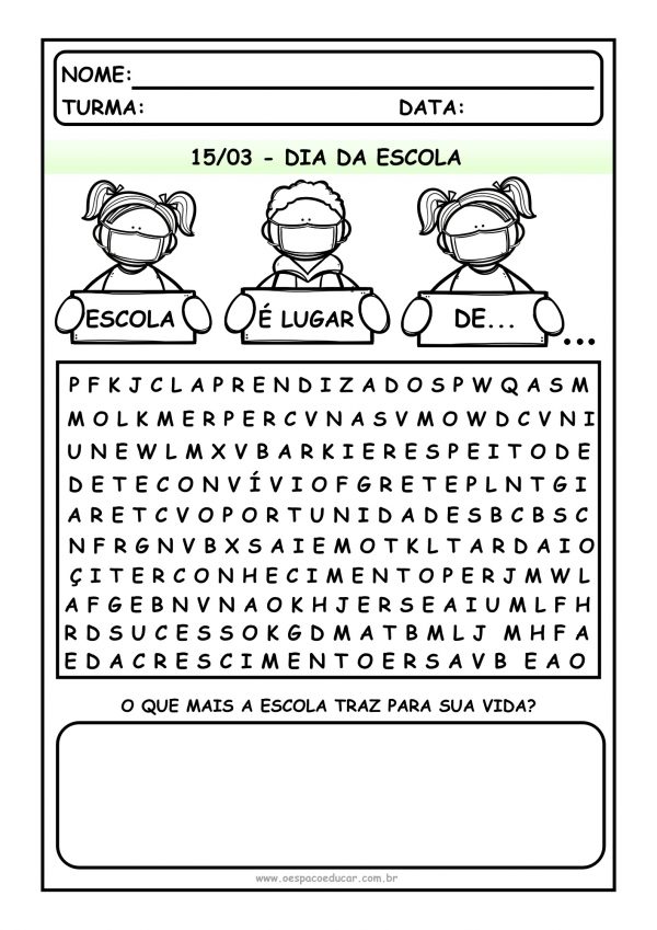 Dia da Escola: caça-palavras “Escola é lugar de…”