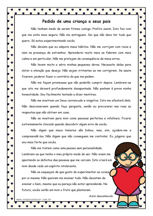 Reflexão para reunião de pais: pedidos de uma criança aos pais!
