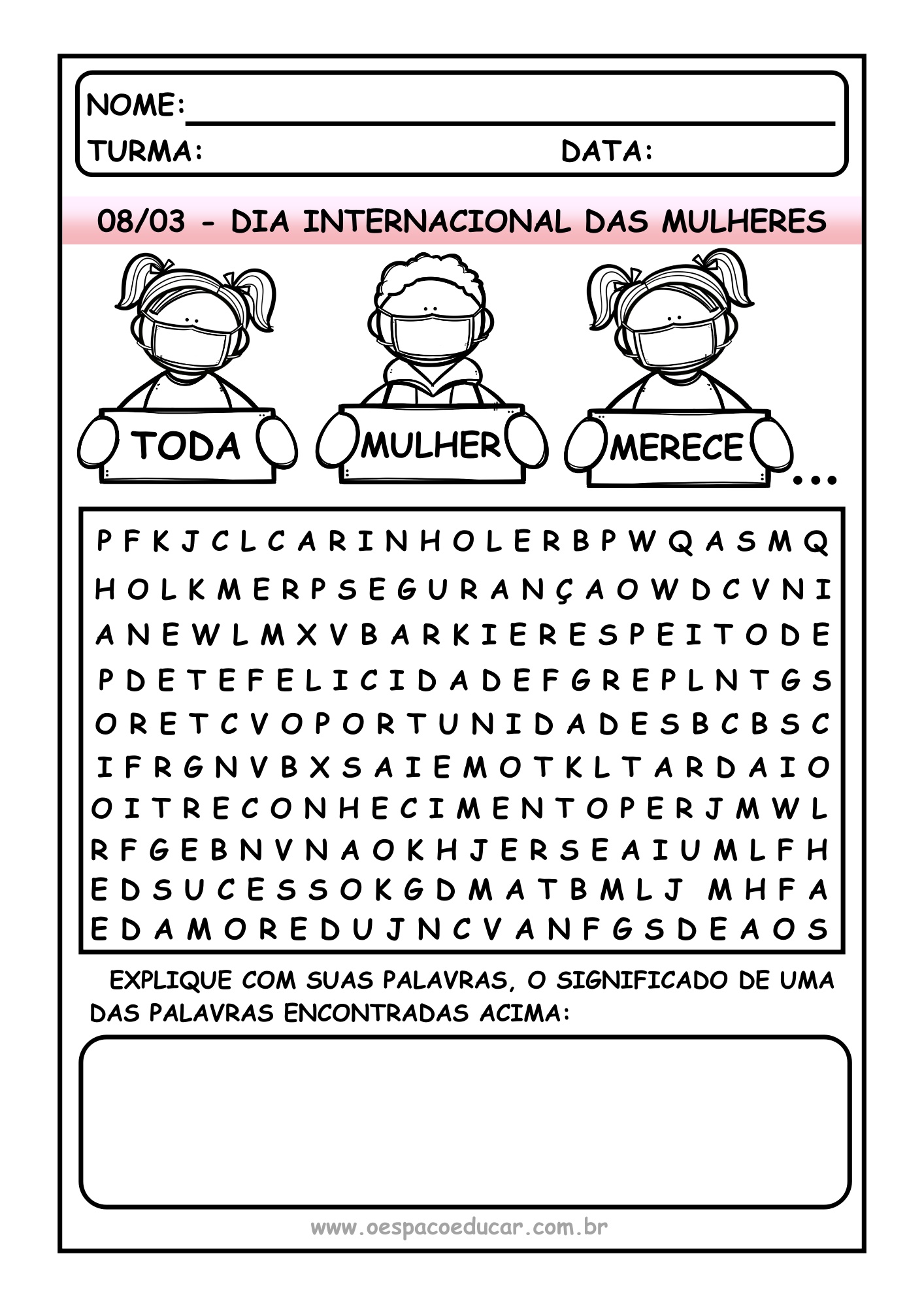 Dia das mulheres: caça palavras “Toda mulher merece…” - Blog Espaço Educar
