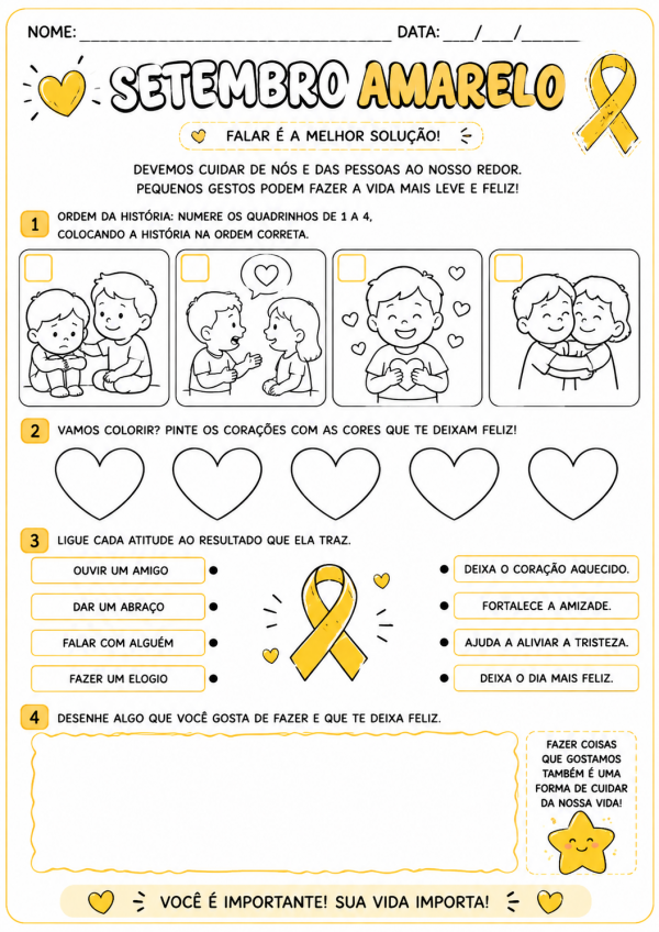 Atividades Setembro Amarelo para anos iniciais do Ensino Fundamental!
