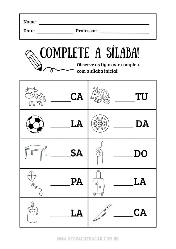 Alfabetização: atividade complete a sílaba!