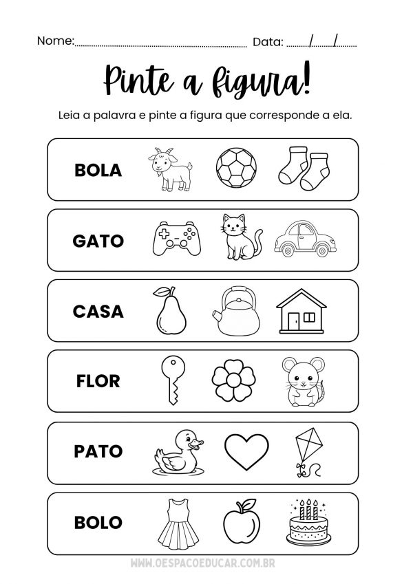Alfabetização: Pinte a palavra certa!