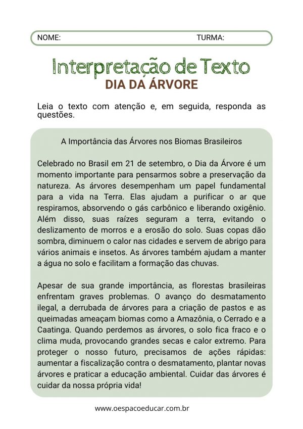 Dia da Árvore: leitura e interpretação de texto!