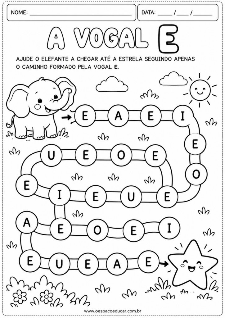 Atividade da Vogal E com Elefante e Estrela