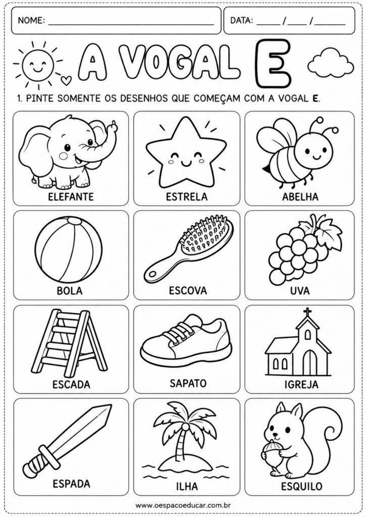 Atividade da Vogal E para Colorir