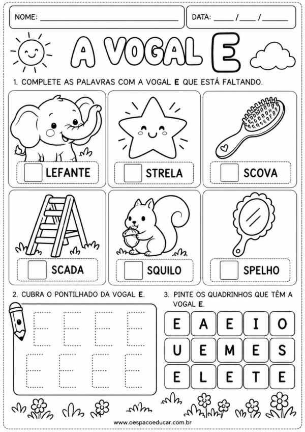 Alfabetização: Atividades da vogal E!