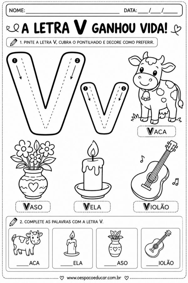 Alfabetização: Atividades da Letra V!