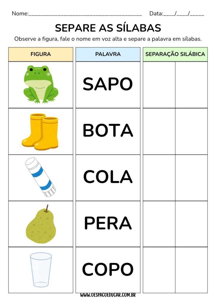 Folha de Atividade Infantil Separação de Sílabas Alfabetização Ilustrada Colorida