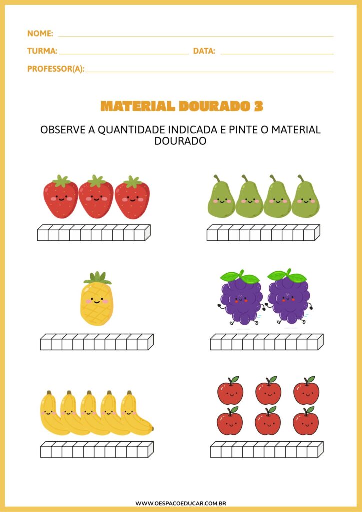 Folha de Atividades Material Dourado Ilustrado Colorido