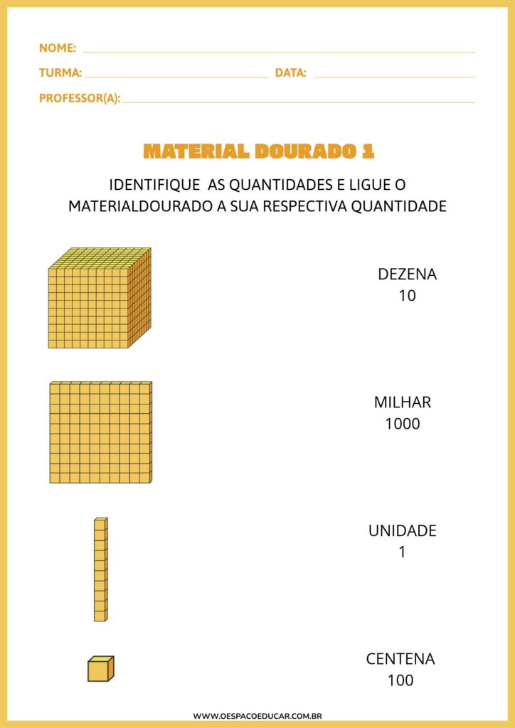 Folha de atividade Sistema de numeração decimal material dourado Ilustrado Amarelo