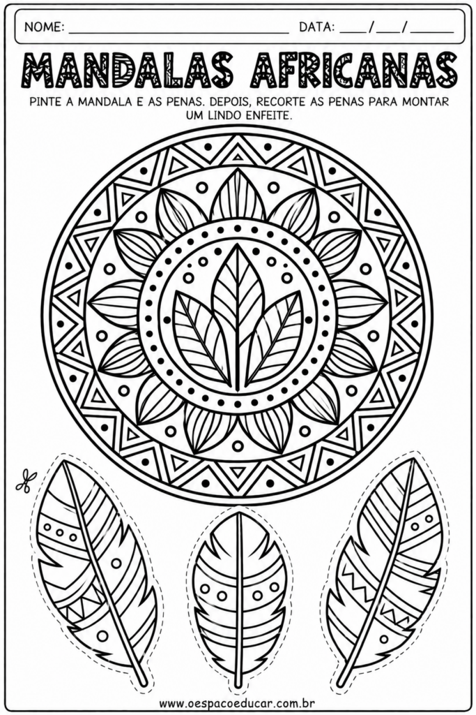 Mandala Africana com Penas para Colorir