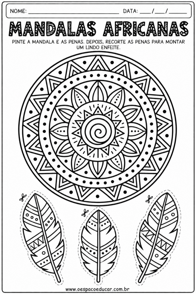 Mandala Africana e Penas para Recortar