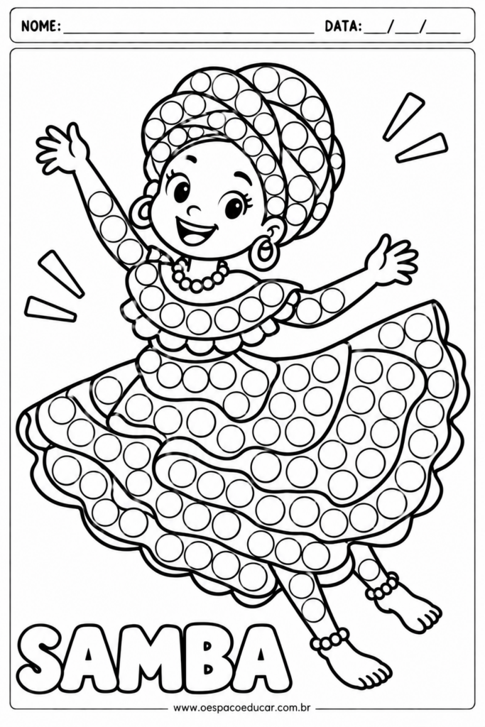 Menina dançando samba com bolinhas para colorir
