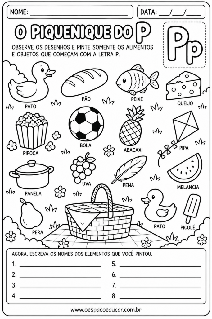O Piquenique do P_ Atividade para Colorir